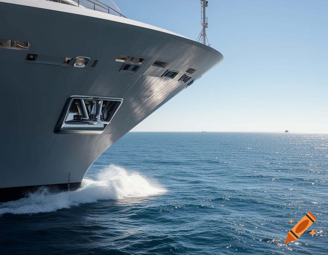 The bow of a large, sleek white yacht cuts through the deep blue ocean, creating white spray under a clear sky.