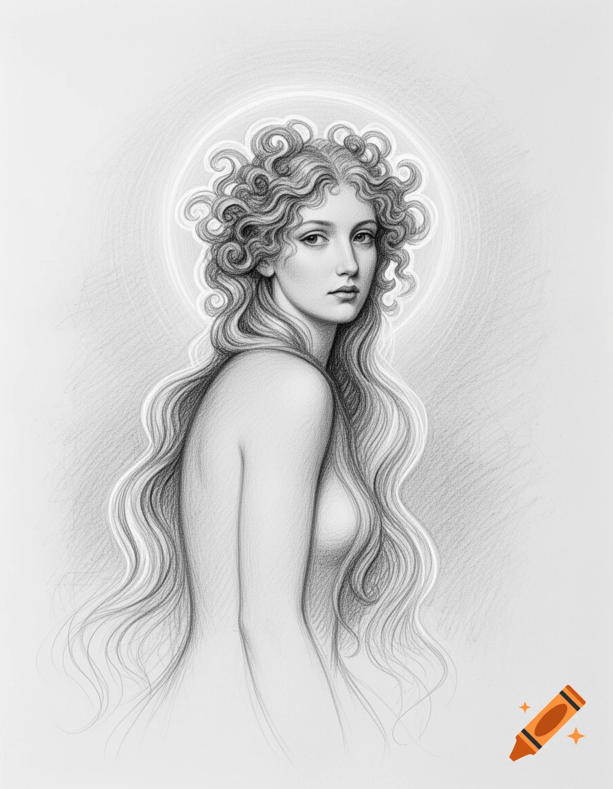 A grayscale pencil sketch of a woman with long, curly hair, looking over her shoulder with a faint halo around her head.