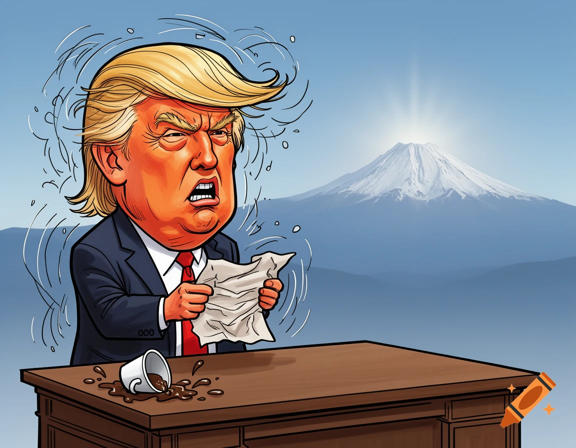 A colorful political cartoon of an angry Donald Trump crumpling paper at a desk with spilled coffee, Mount Damavand in the background.