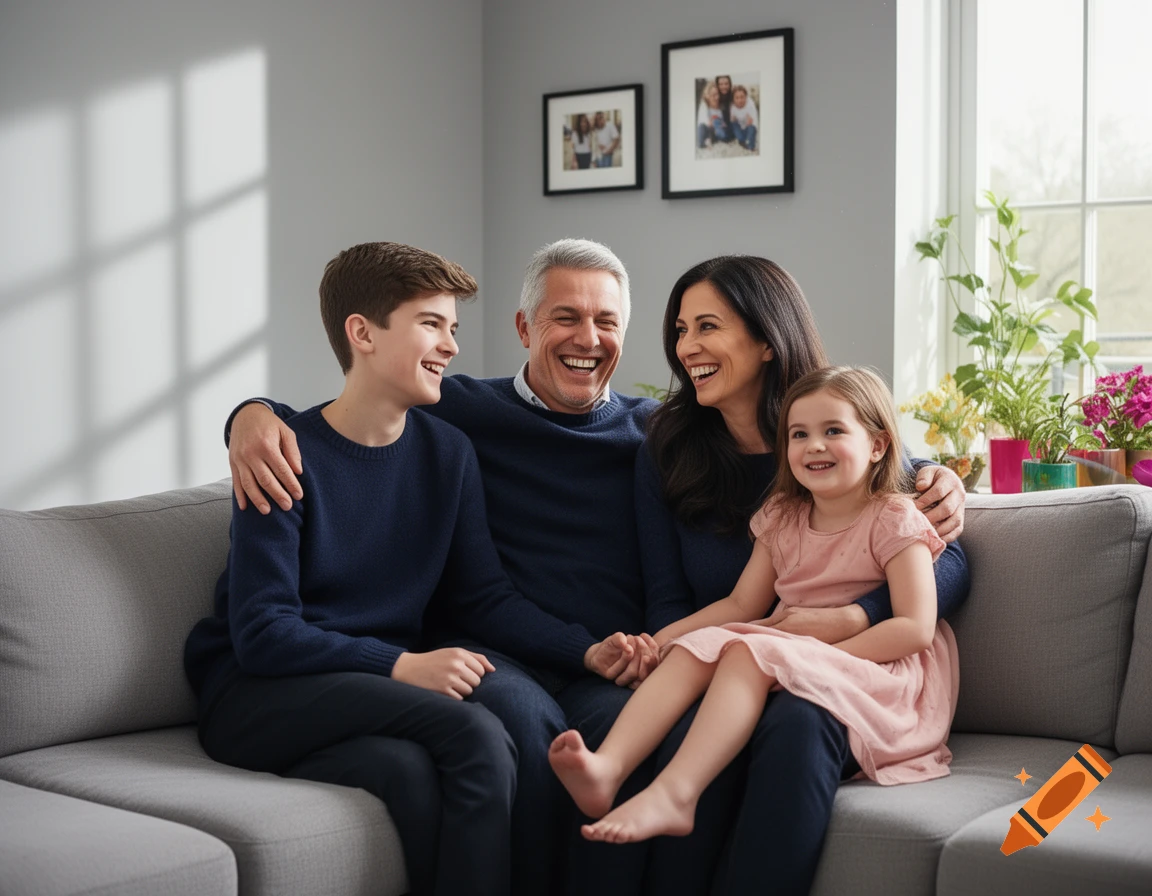 A diverse family of four (parents, teenage boy, young girl) smiles while sitting on a grey sofa in a brightly lit living room.