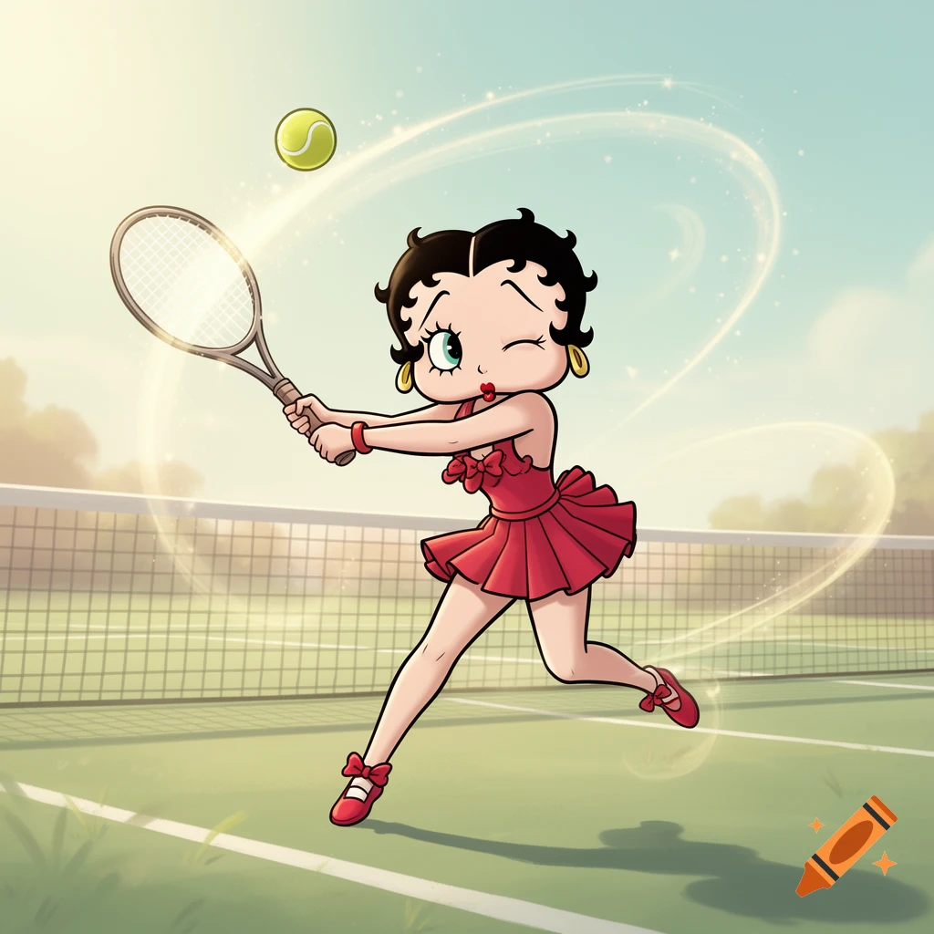Cartoon Betty Boop in a red dress playing tennis on a court, swinging a racket at a tennis ball.