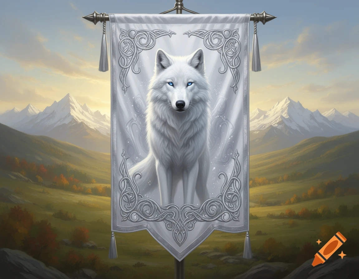 A majestic white wolf with blue eyes on a detailed silver banner, set against a backdrop of snow-capped mountains and an autumn landscape.