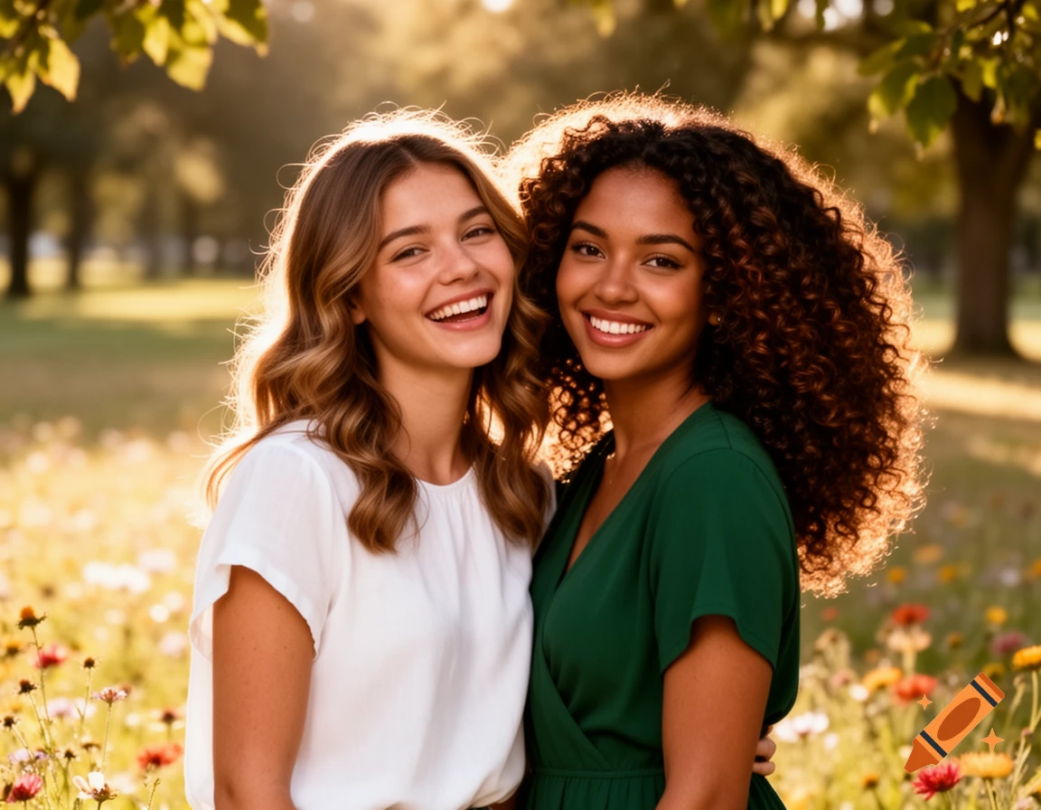 Two smiling young women in a sunny field, one with wavy light brown hair and one with curly dark hair.