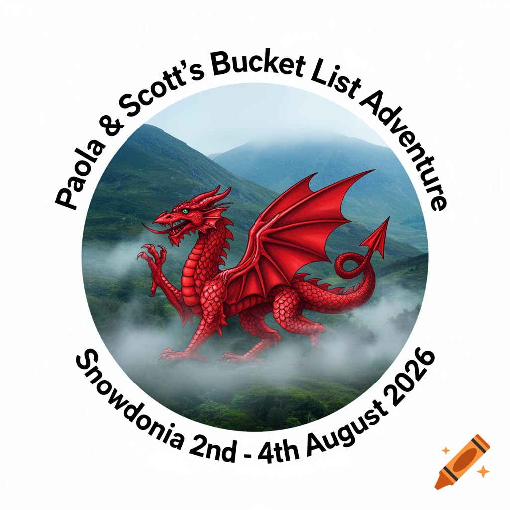A circular graphic with a red Welsh dragon over misty mountains. Text reads 'Paola & Scott's Bucket List Adventure Snowdonia 2nd - 4th August 2026'.