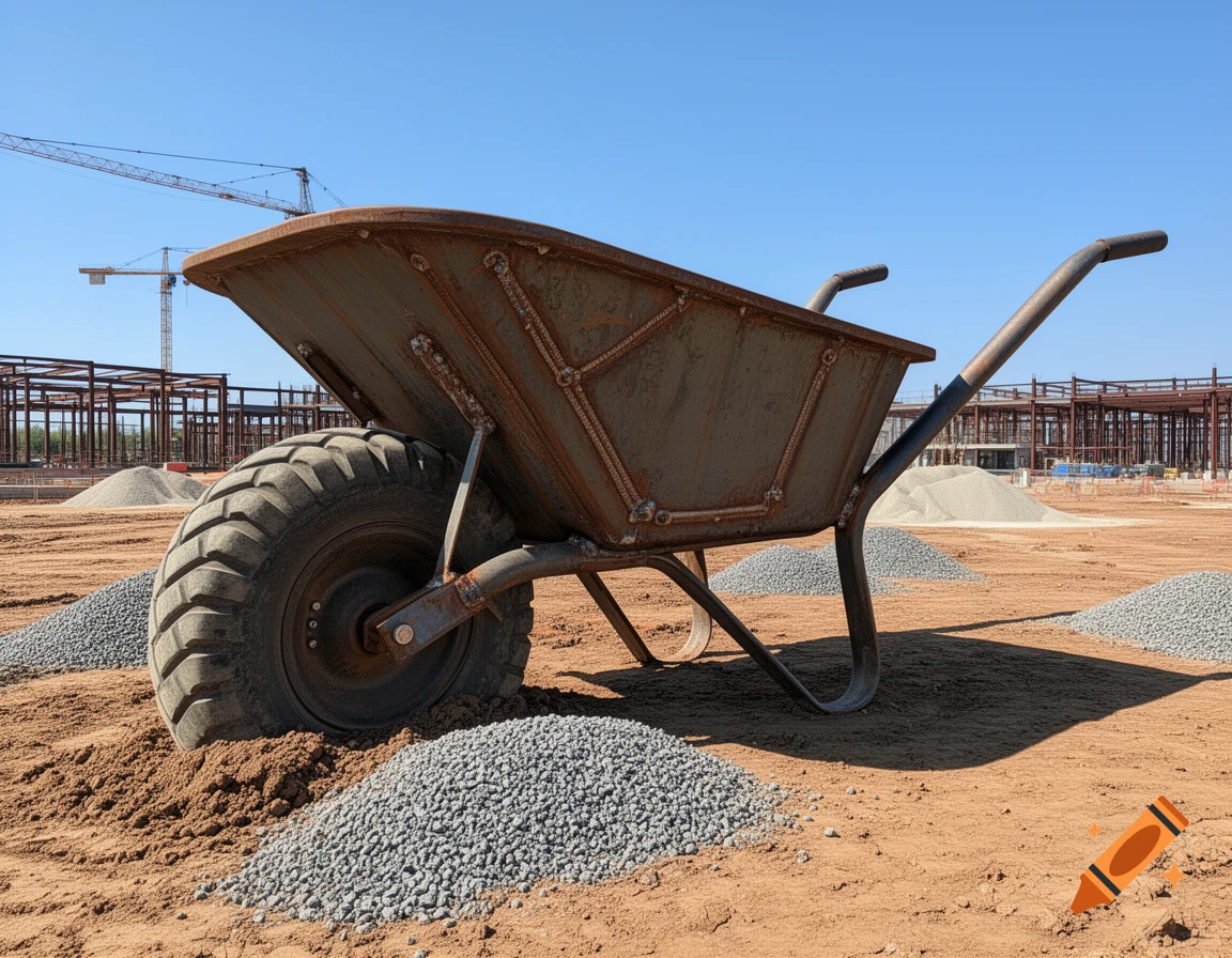 Rusty wheelbarrow on a dirt and gravel construction site with cranes and building frames against a clear blue sky, photorealistic.