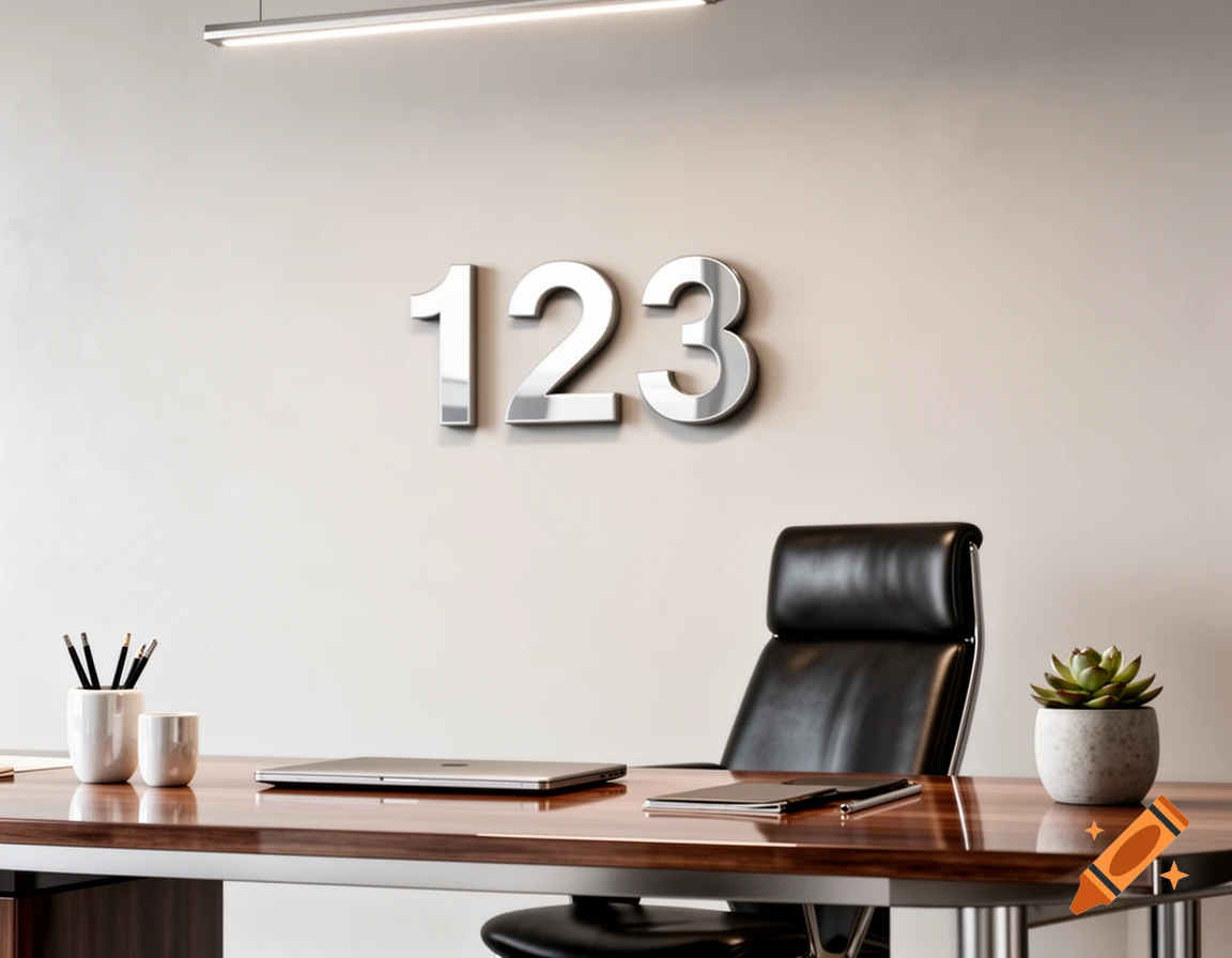 Photorealistic image of an empty office desk with a black chair and the numbers '123' on the wall.