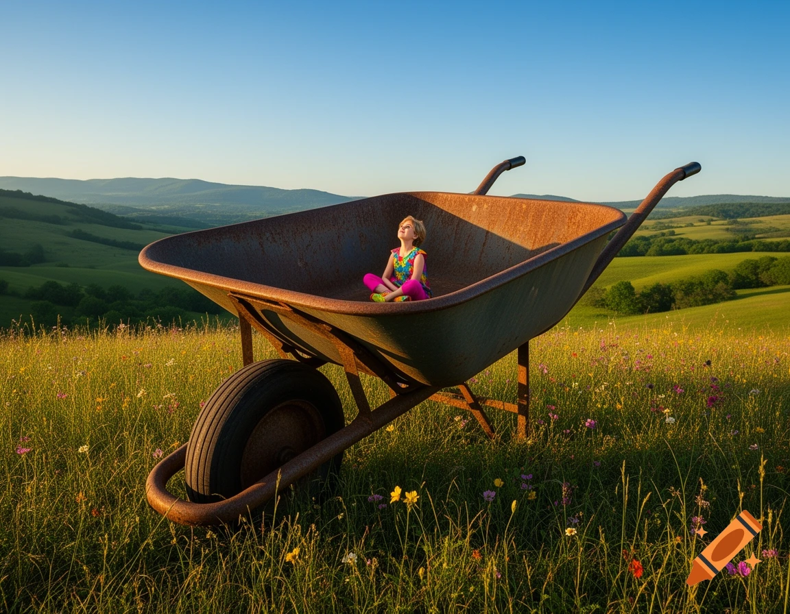 A small child sits in a giant rusty wheelbarrow in a sunny, flower-filled green field with rolling hills, looking up.