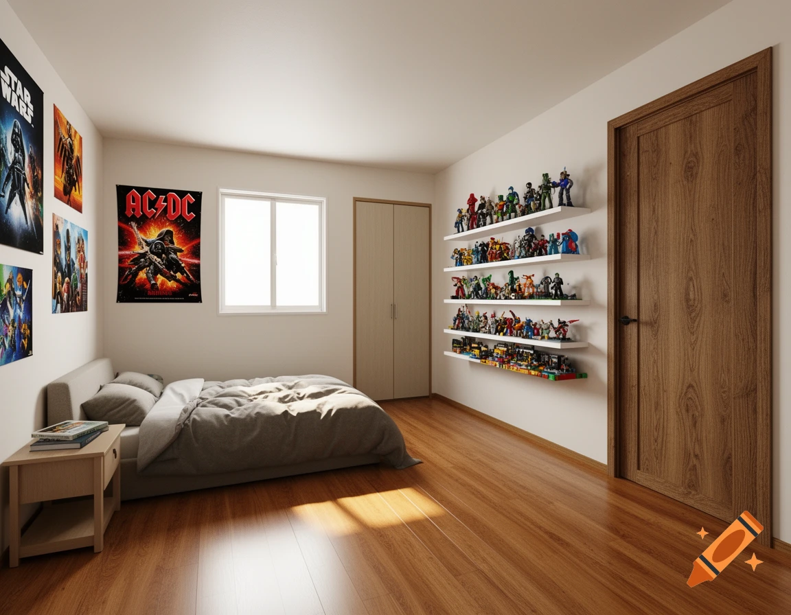 A photorealistic image of a bedroom with Star Wars and AC/DC posters, a bed, and shelves filled with action figures and LEGO sets.