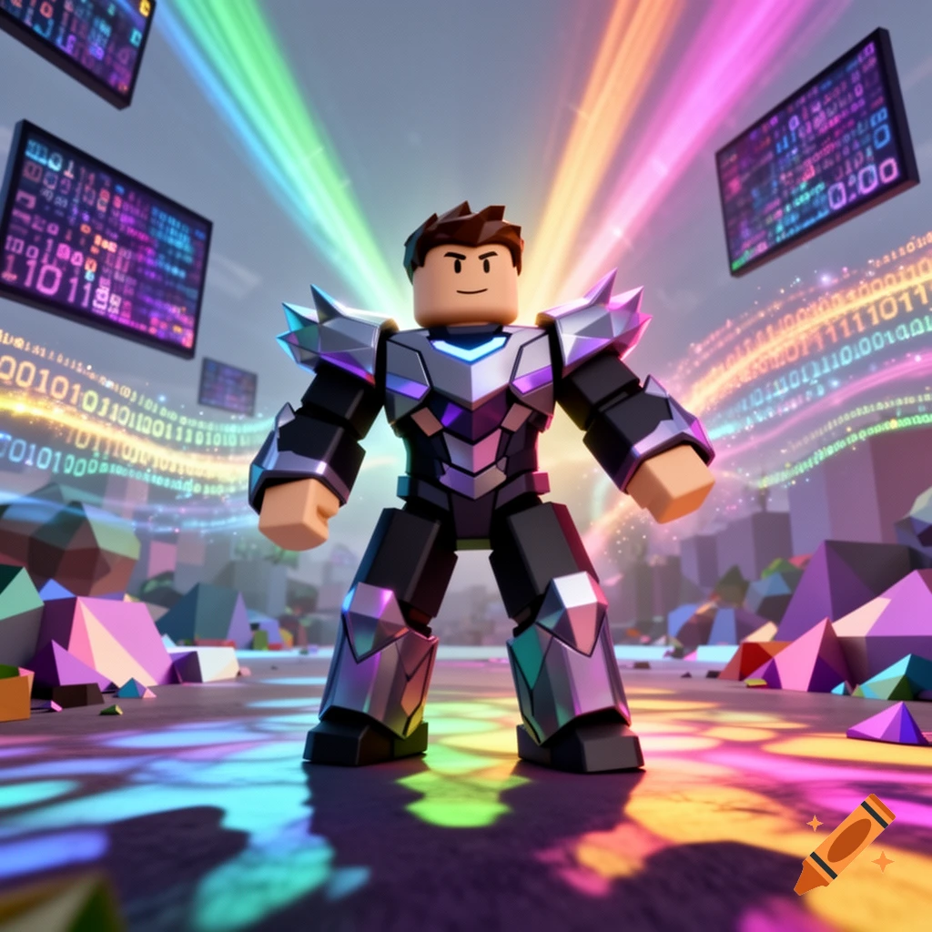 A Roblox character in shiny metallic armor stands in a digital landscape with floating screens displaying garbled code and colorful light trails.