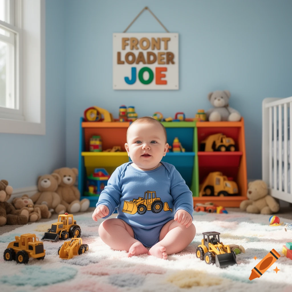 A smiling baby in a blue onesie with a bulldozer print sits on a colorful rug surrounded by toy construction trucks in a nursery.