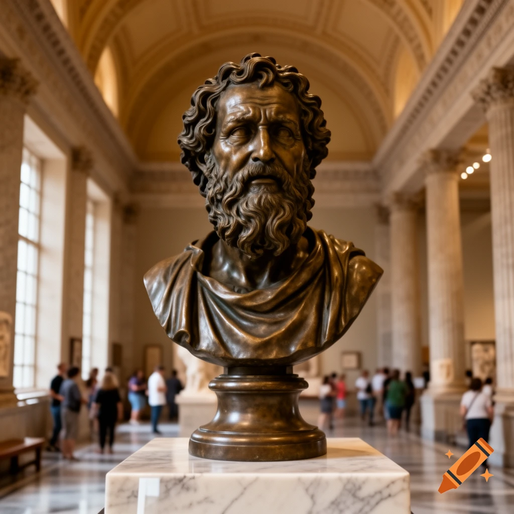 Photorealistic bronze bust of a bearded man on a marble pedestal in a grand museum hall with blurred visitors.