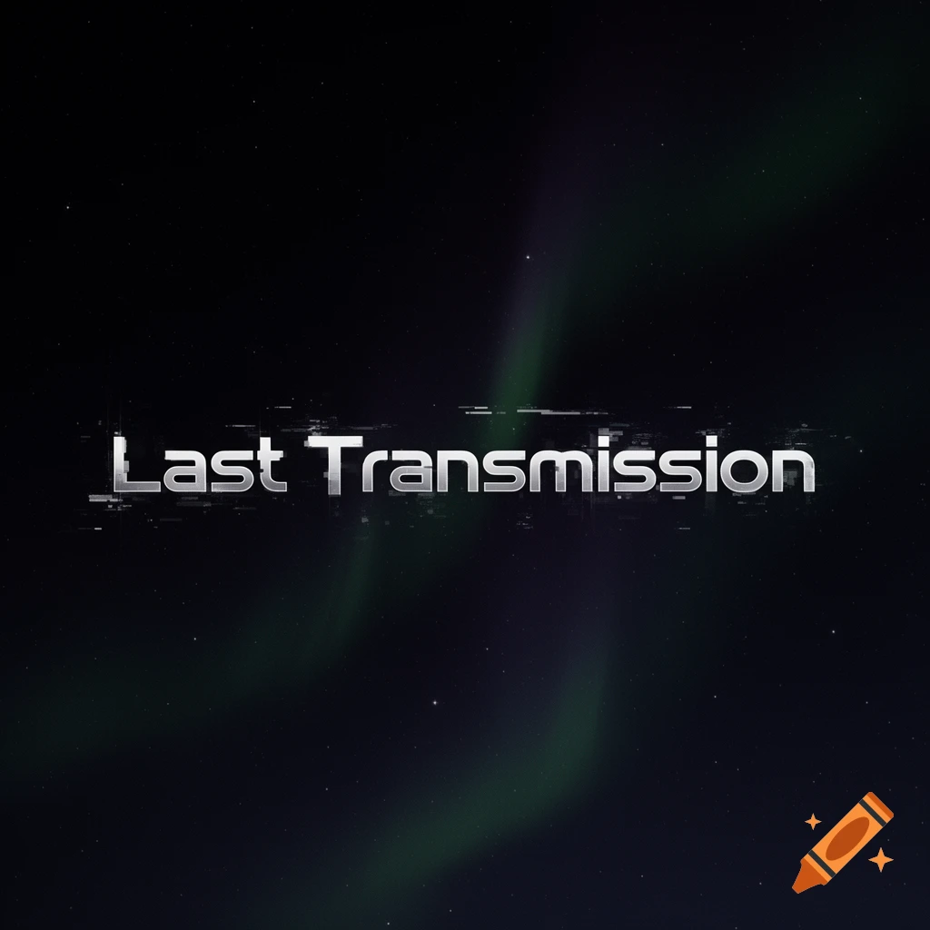 Silver, glitching text "Last Transmission" centered against a dark starry sky with streaks of green and purple aurora.