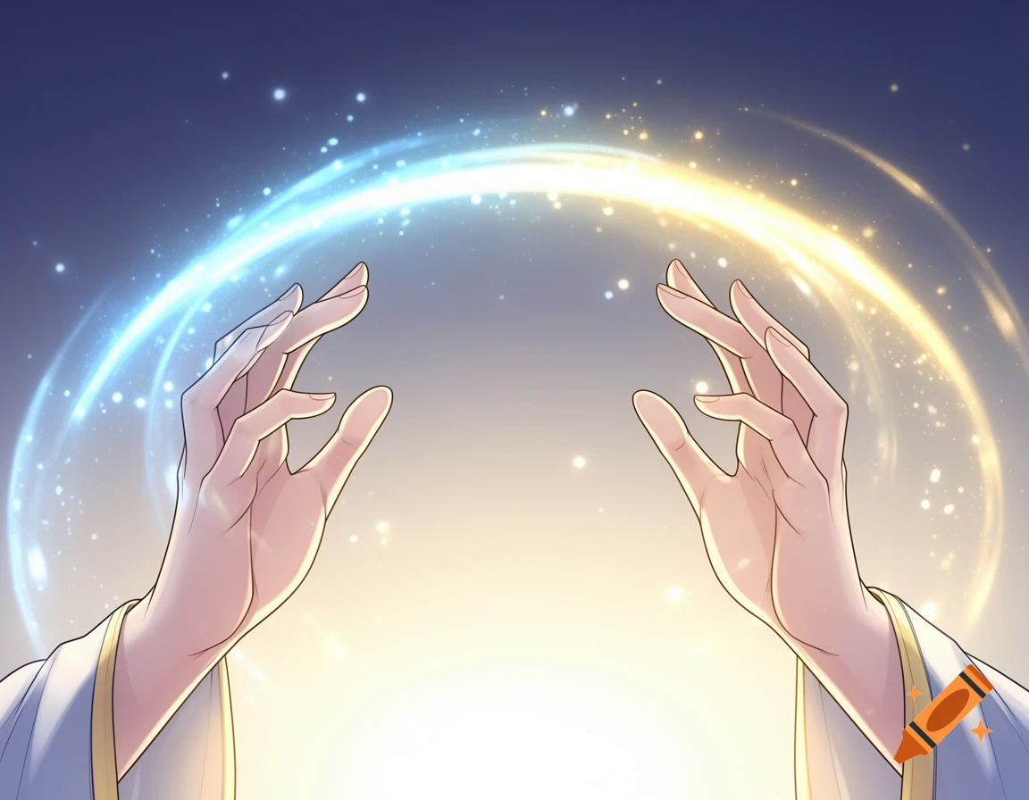 Two hands in a manga-fantasy style conjuring a glowing blue and gold light arc against a bright background.