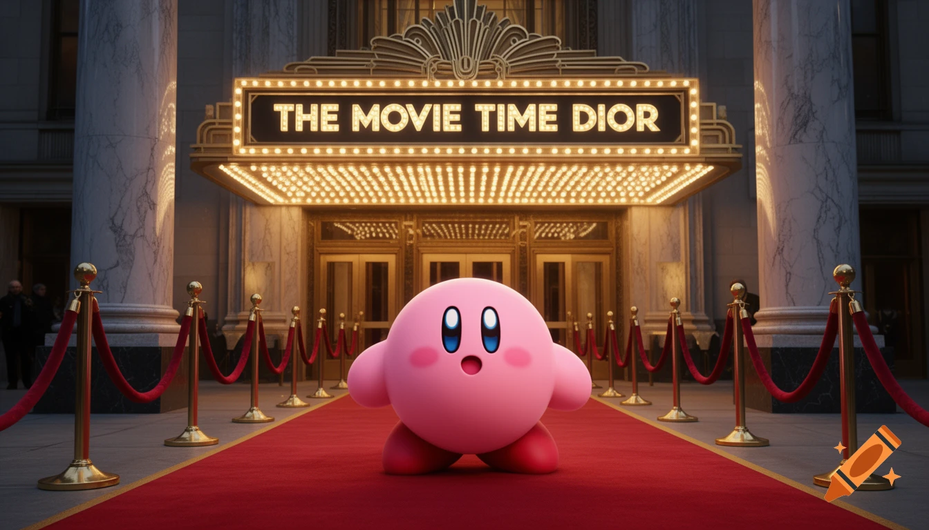 Kirby stands on a red carpet in front of a grand movie theater with 'THE MOVIE TIME DIOR' on its marquee.