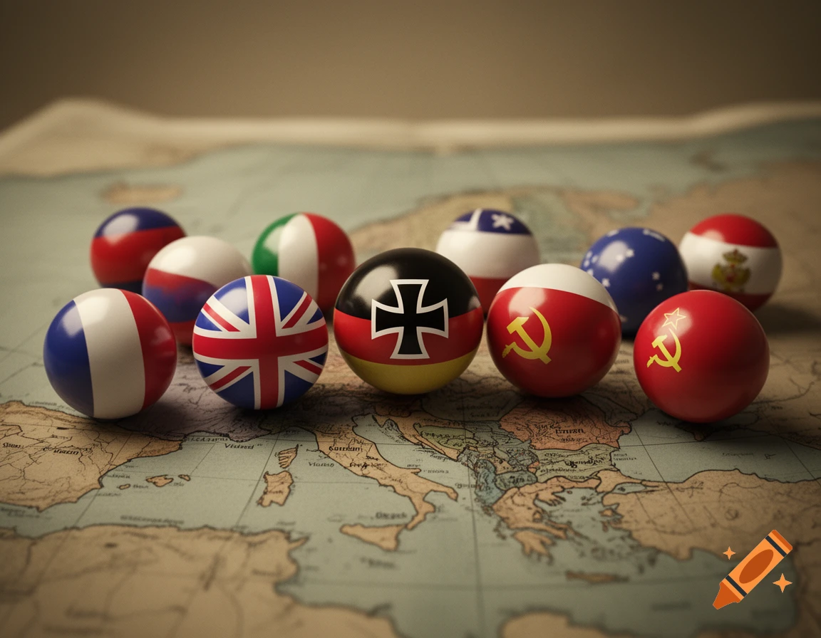 Marbles decorated with flags of European nations, including the UK, France, Germany, and the Soviet Union, sit on an old world map.