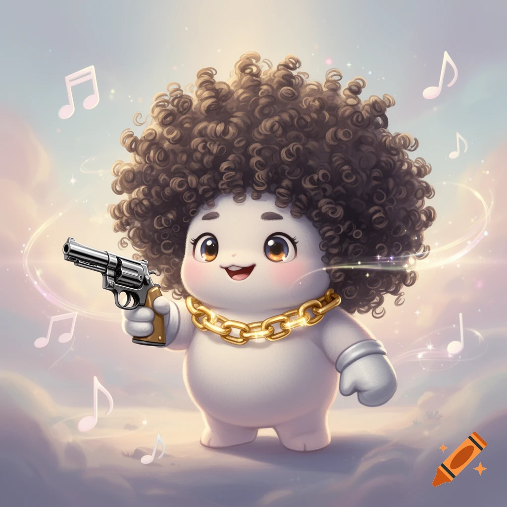A cute, chubby cartoon character with a large afro, gold chain, and a silver revolver, floating on clouds with musical notes.