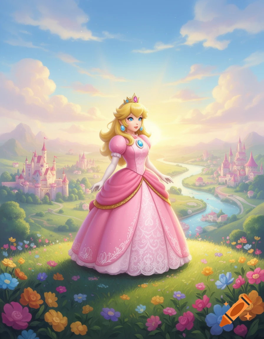 Princess Peach stands on a flower-covered hill overlooking a fairytale kingdom with pink castles and a river under a vibrant sky.