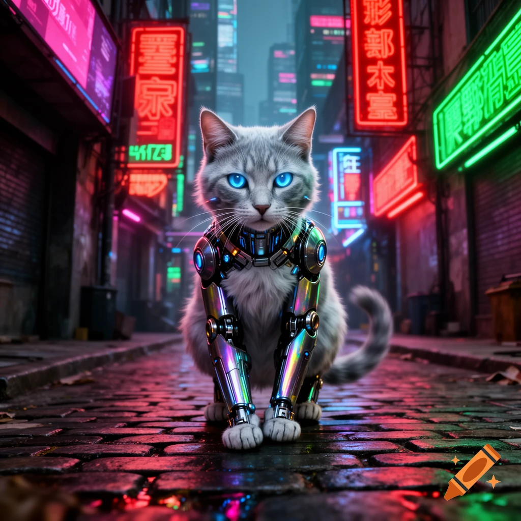 A grey tabby cat with glowing blue eyes and metallic cyborg legs sits on a wet cobblestone street, surrounded by neon signs in a futuristic cyberpunk city at night.