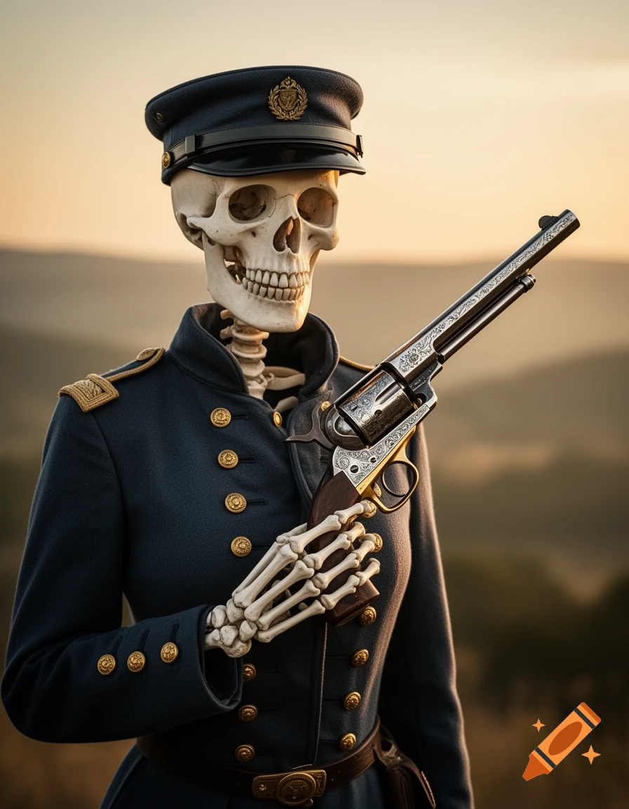A photorealistic image of a skeleton wearing a dark blue officer's uniform and cap, holding an antique revolver at sunset.