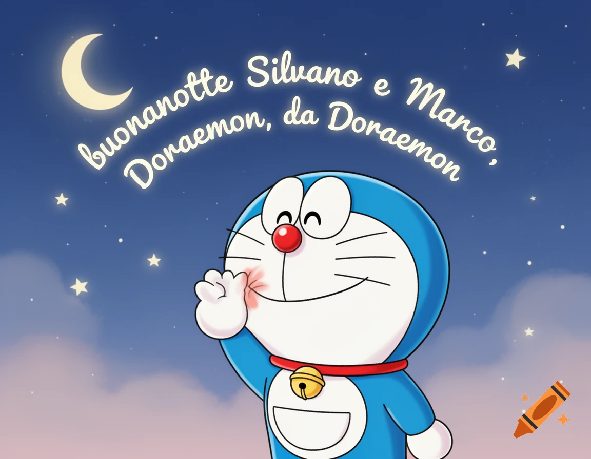 Doraemon, a blue robot cat, smiles with a kiss mark on his cheek under a crescent moon and starry night sky. Text reads a goodnight message.