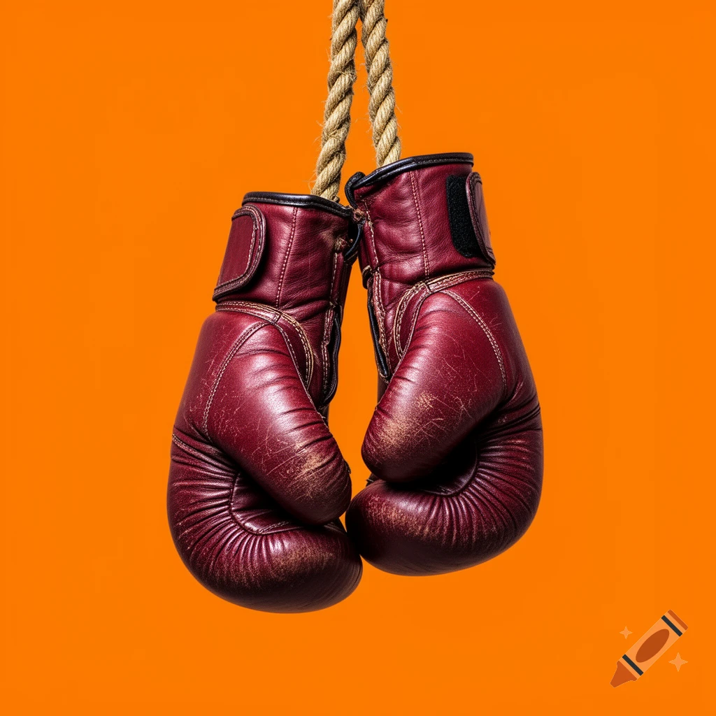 Two maroon boxing gloves with a worn leather texture hang from a rope against a vibrant orange background.