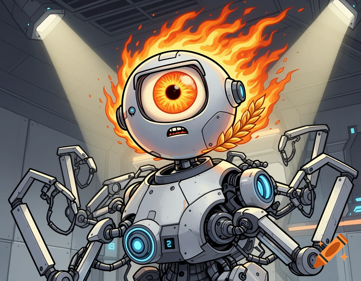 A cartoonish robot with a large orange eye, fire on its head, a laurel wreath, and multiple mechanical arms in a sci-fi setting.