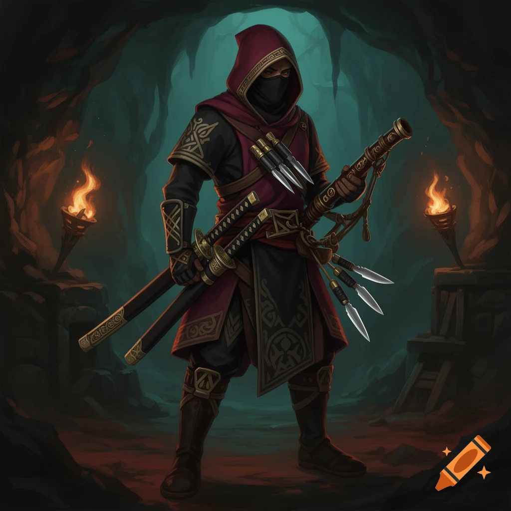A hooded fantasy assassin in red and black robes, wielding katanas, a blowgun, and throwing knives, stands in a torch-lit cave.