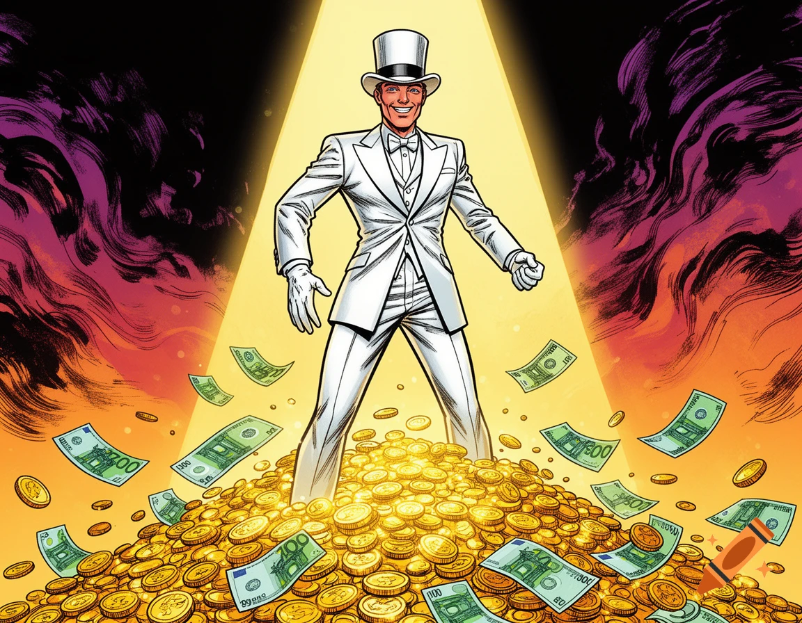 A smiling comic book superhero in a white top hat and suit stands atop a massive pile of gold coins and Euro bills.