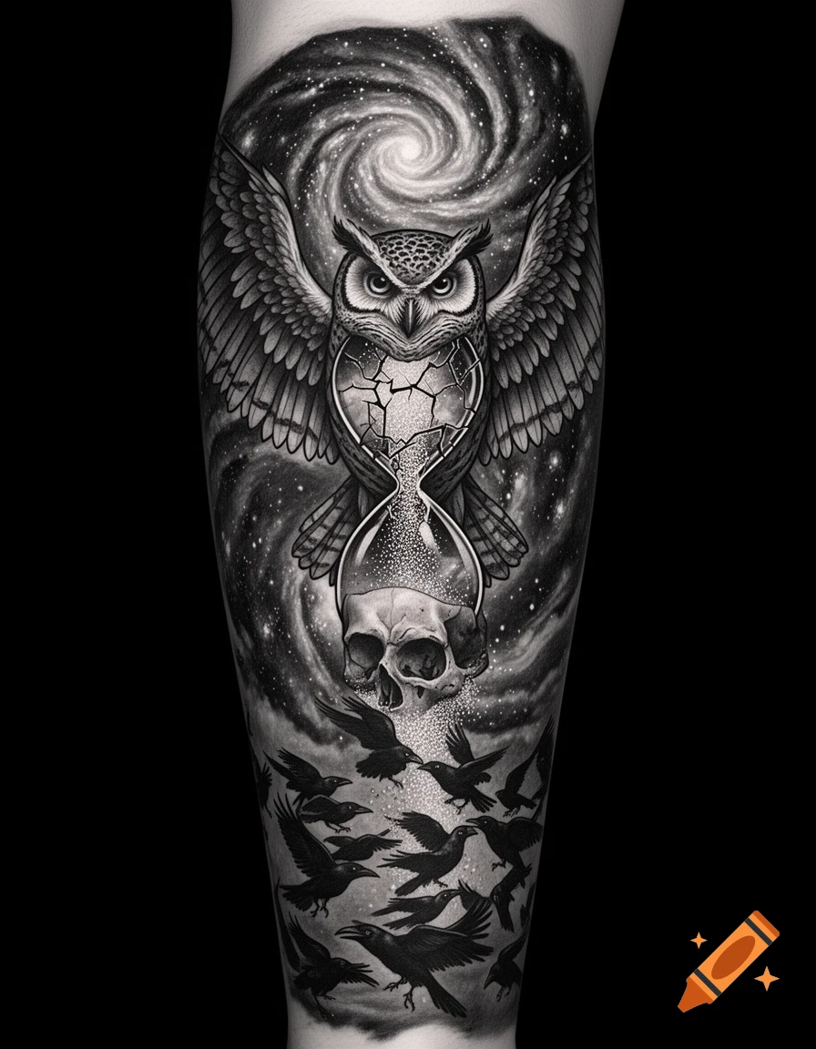 A detailed black and white tattoo of an owl with spread wings, a broken hourglass, a skull, crows, and a swirling galaxy design.