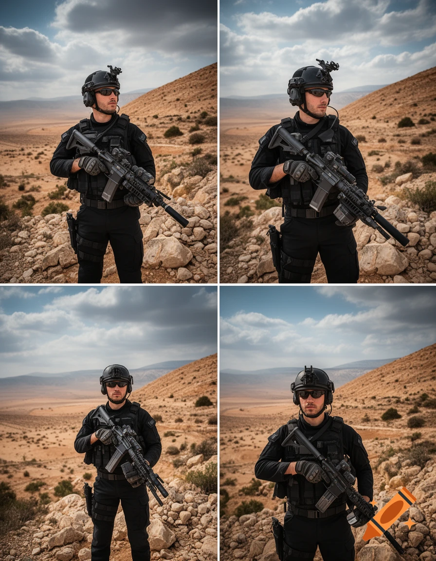 A series of four images showing a soldier in black tactical gear holding a rifle in a rocky desert landscape under a cloudy sky.