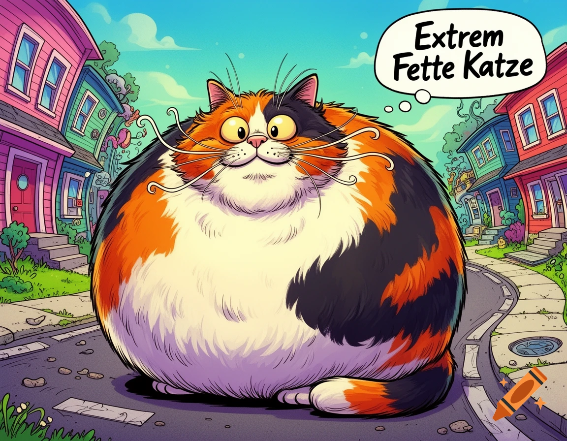 A giant, spherical calico cat sits on a colorful cartoon street, with a thought bubble saying "Extrem Fette Katze".