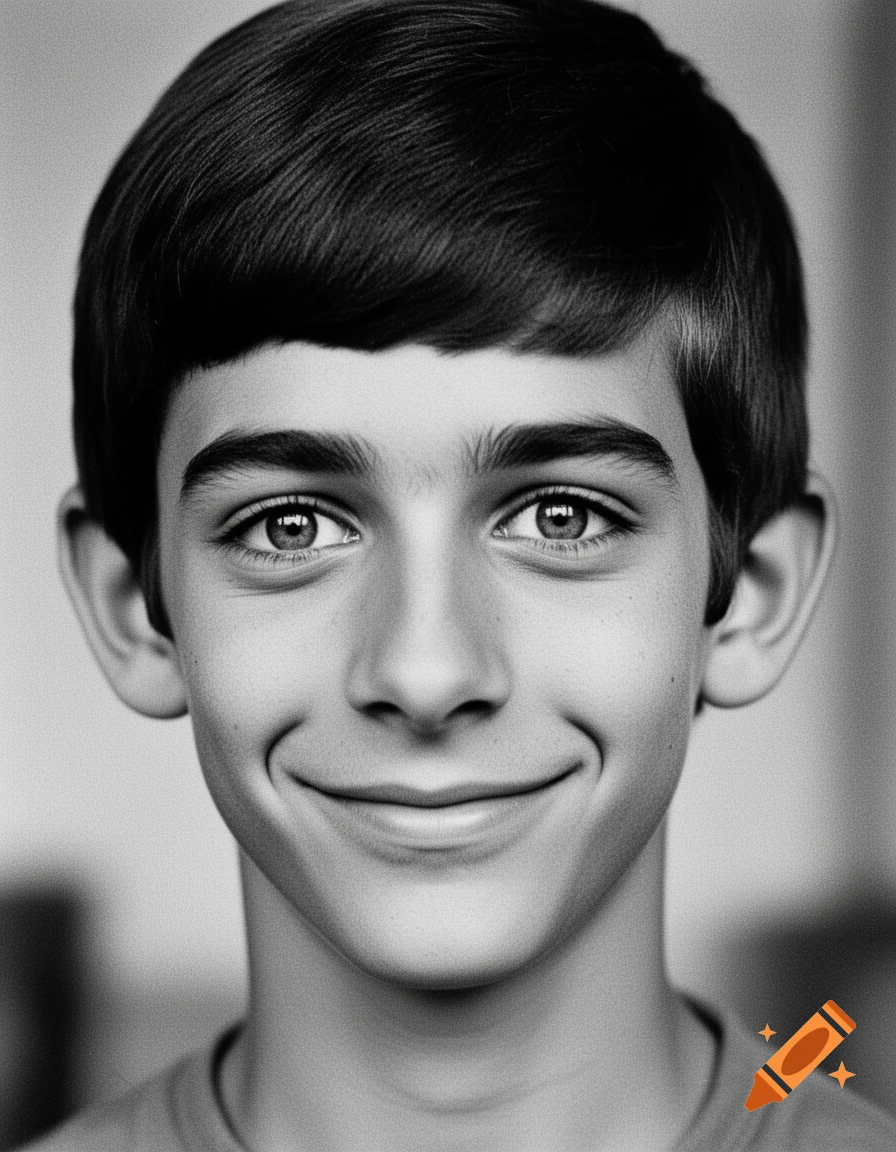 A black and white vintage portrait of a young boy with a short haircut, smiling softly.