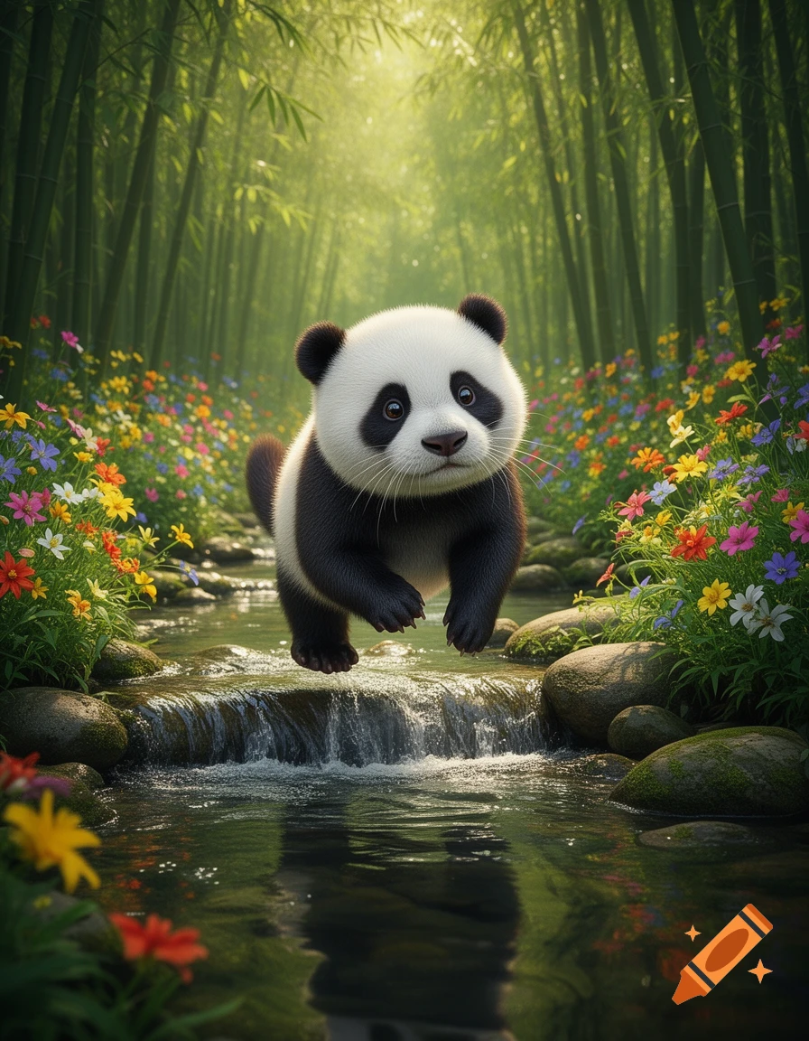 A cute baby panda leaps over a stream in a lush bamboo forest filled with colorful wildflowers, bathed in sunlight.
