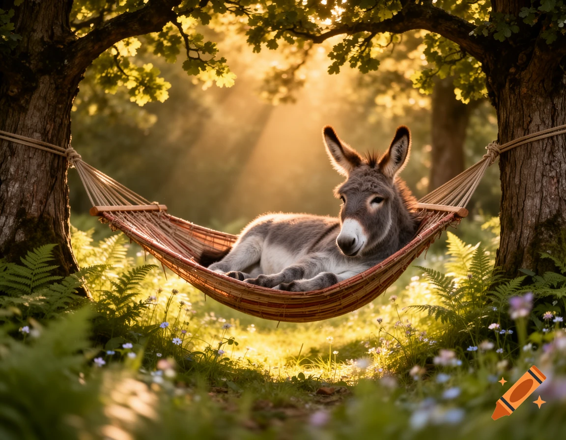 A donkey relaxing in a hammock strung between two trees in a sunlit forest, with warm light rays filtering through leaves.
