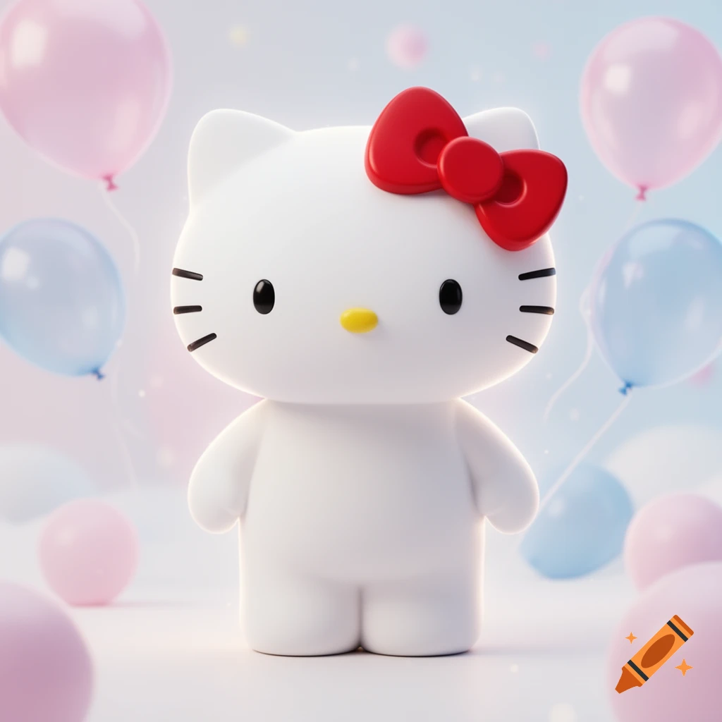 A cute 3D rendered Hello Kitty figure with a red bow, standing amidst pink and blue balloons in a soft, bright setting.