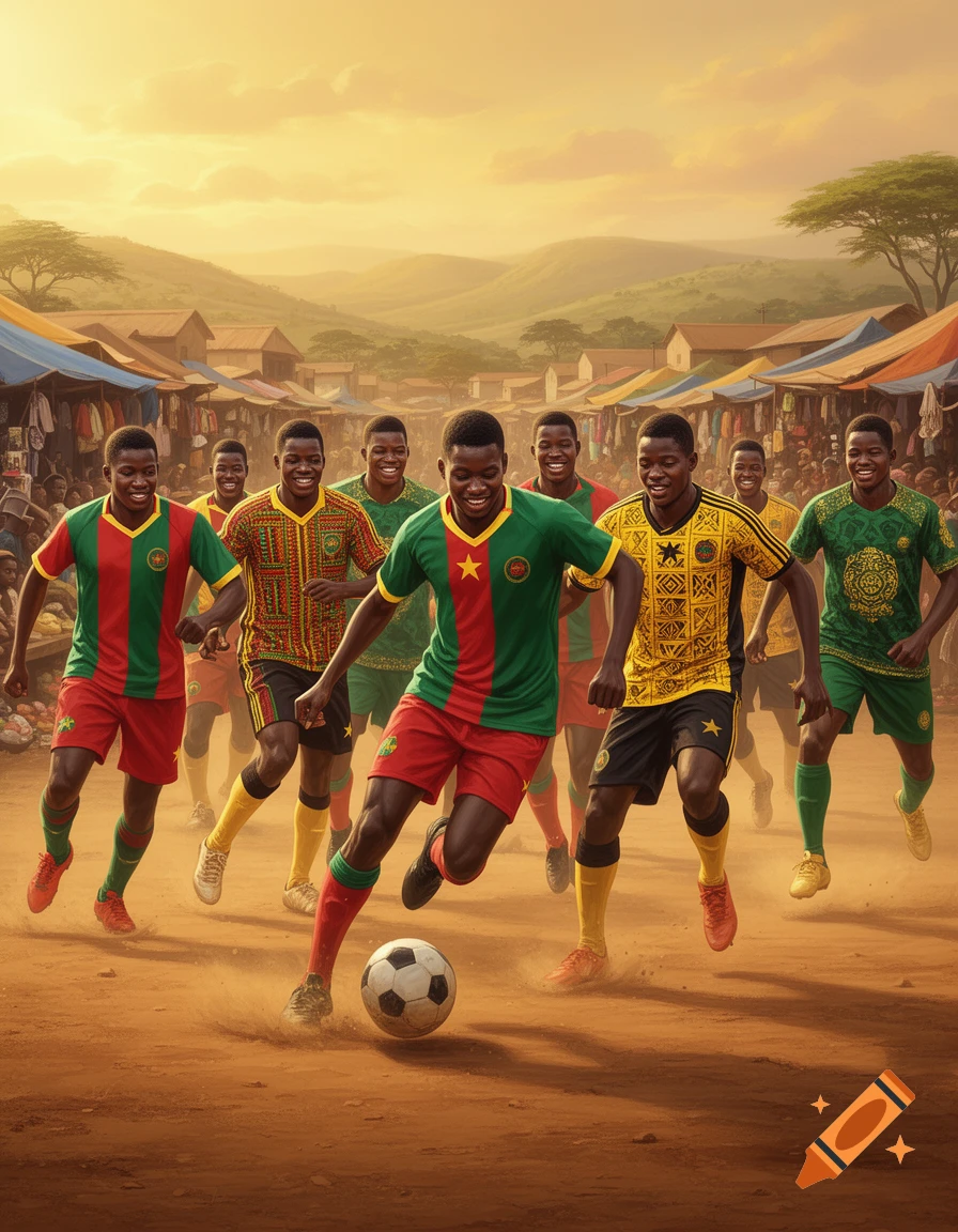 Young men playing soccer on a dirt field in an African village with market stalls at sunset.