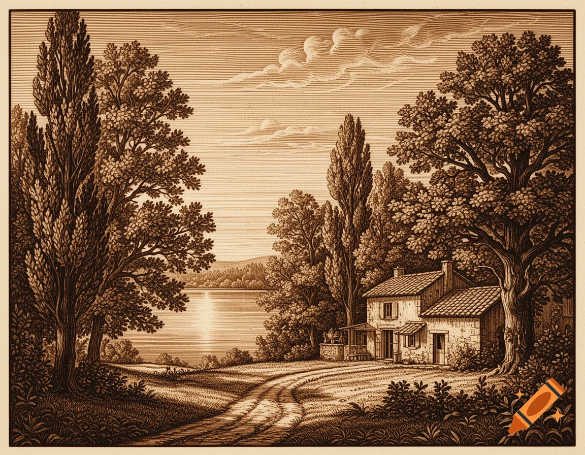 A sepia woodcut of a French farmhouse by a lake, surrounded by tall trees and oaks, with a path leading to the water.