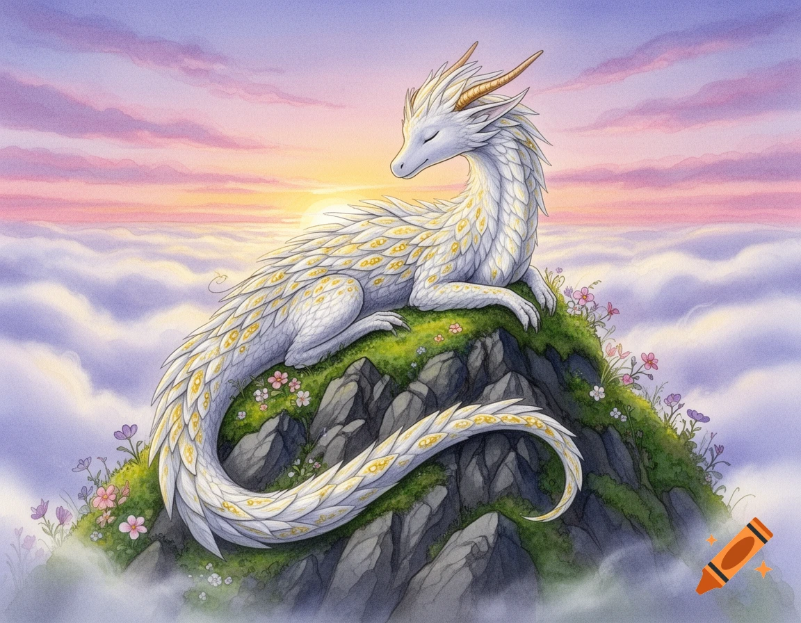 A whimsical watercolor illustration of a white dragon with gold accents resting on a mossy mountain peak above clouds at sunset.