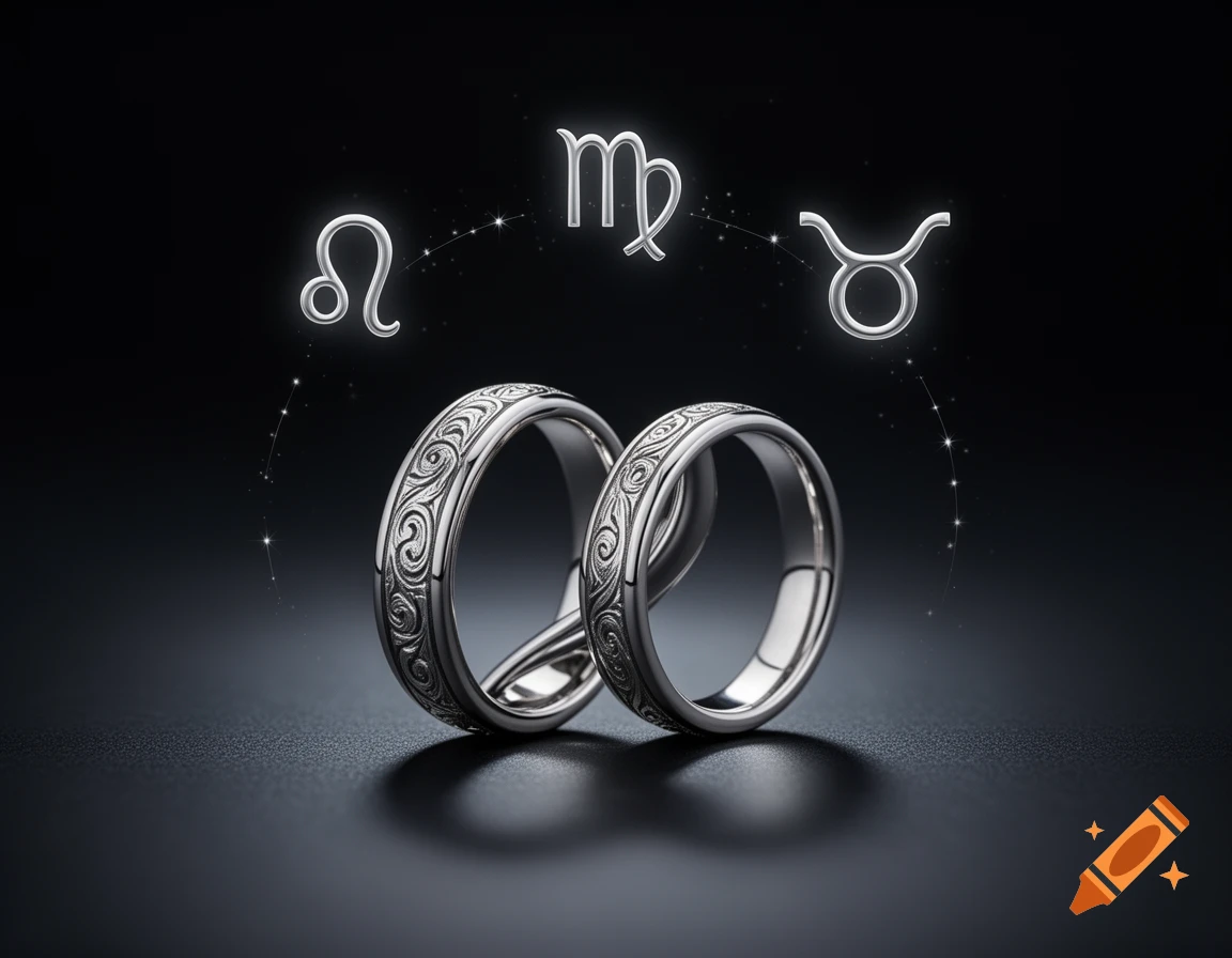 Two ornate silver rings with scrollwork patterns on a dark surface, with glowing silver zodiac symbols for Leo, Virgo, and Taurus floating above.
