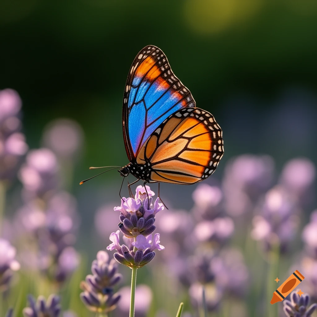 A vibrant blue and orange butterfly with black markings resting on a purple lavender flower, photorealistic.