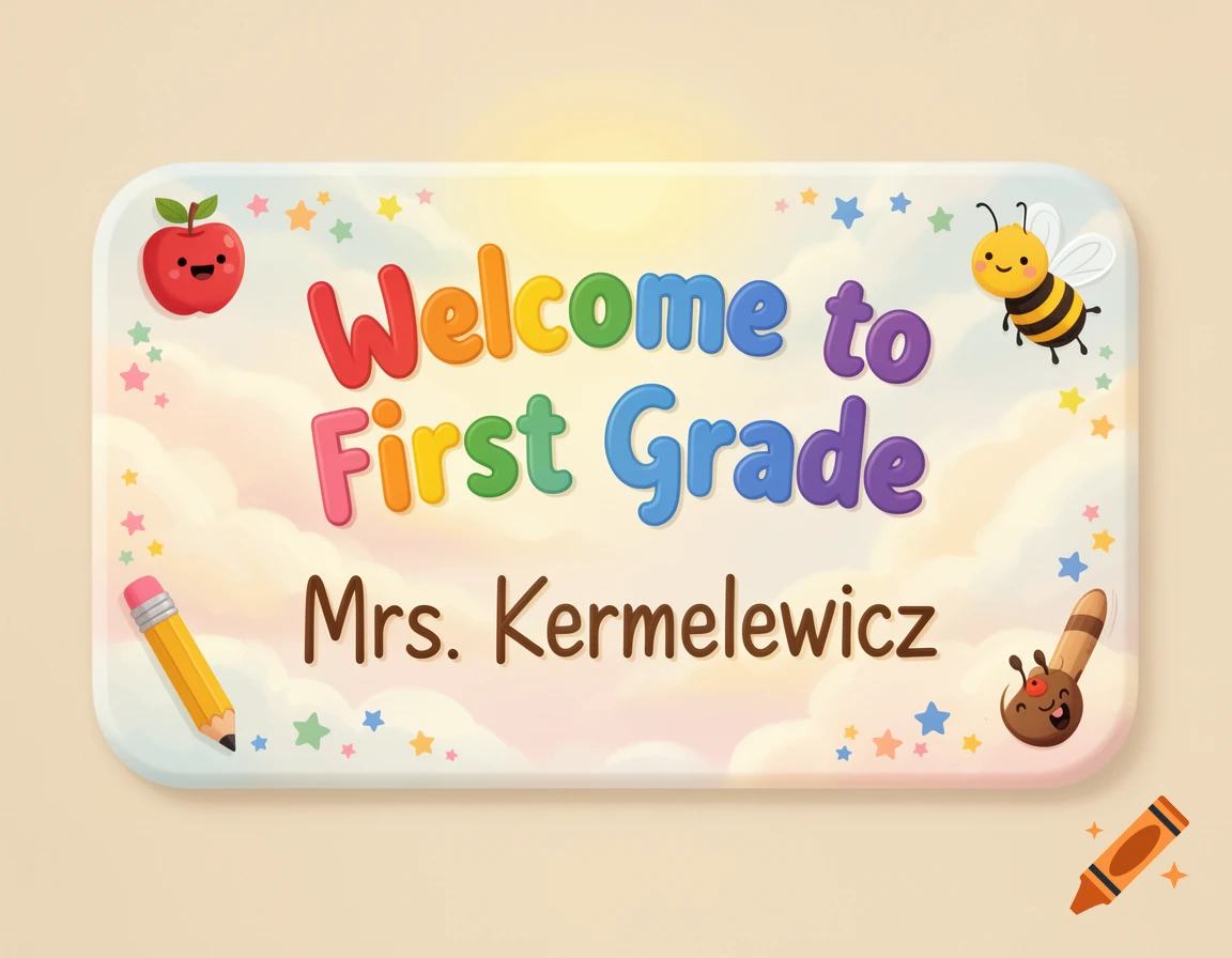 Cute cartoon sign reading 'Welcome to First Grade Mrs. Kermelewicz,' with an apple, bee, pencil, and worm.