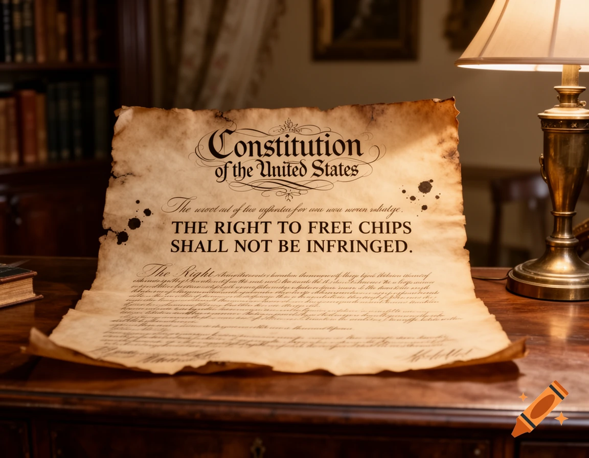 An aged parchment document, titled "Constitution of the United States," proclaims "THE RIGHT TO FREE CHIPS SHALL NOT BE INFRINGED." It rests on a wooden desk with a lamp and bookshelves in the background.