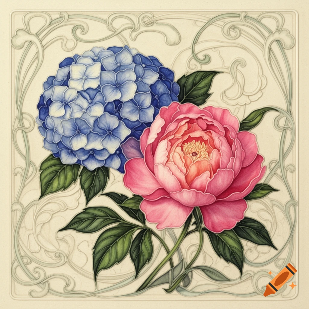 A detailed illustration of a blue hydrangea and a pink peony with green leaves, surrounded by flowing art nouveau decorative patterns on a cream background.