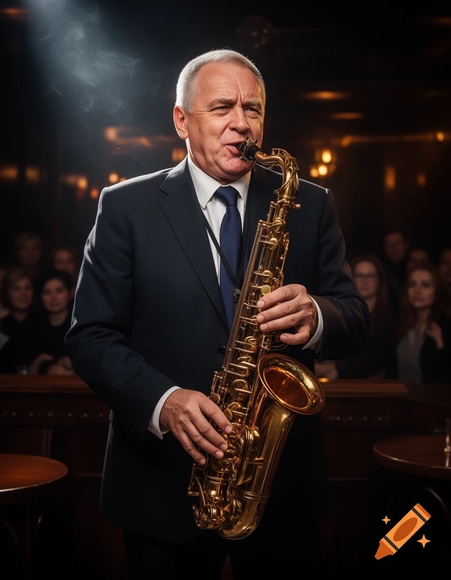 Older man in a dark suit playing a golden saxophone under a spotlight in a dimly lit club.