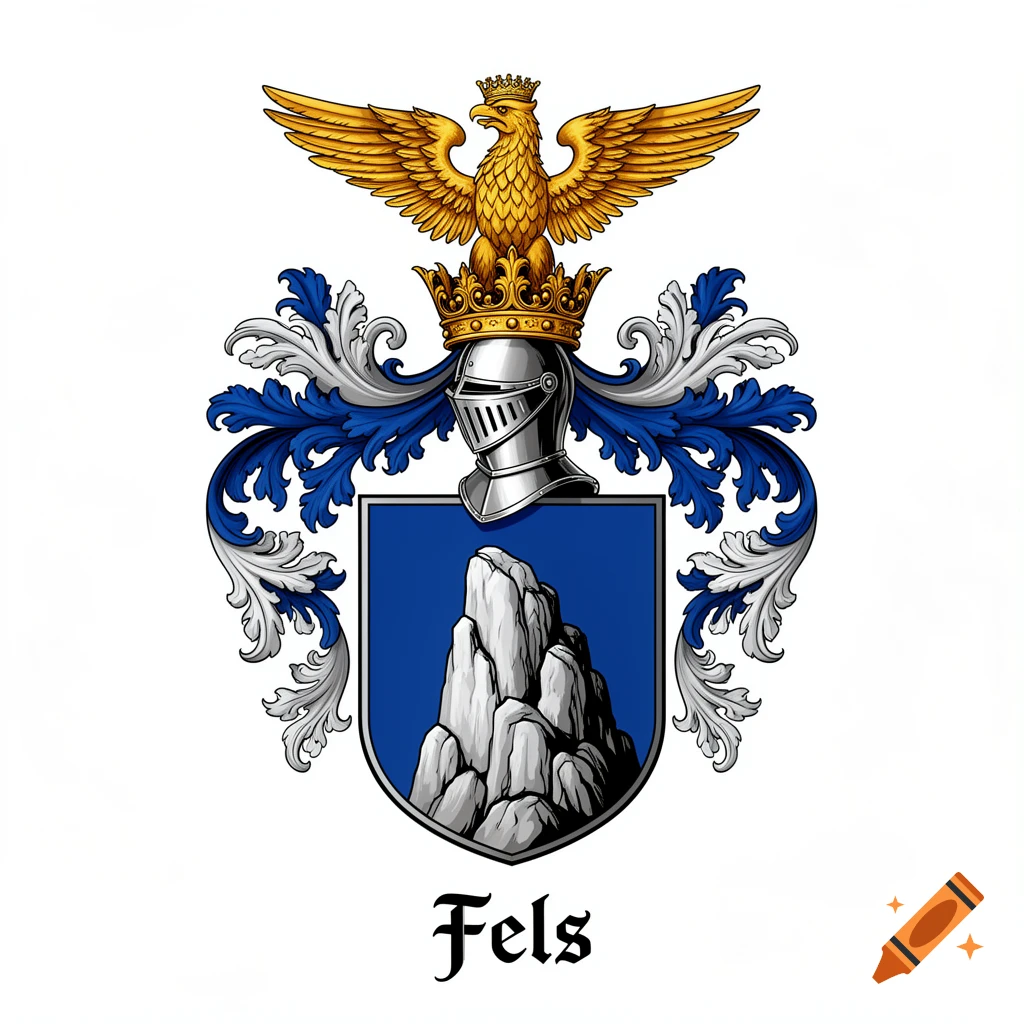 A traditional European coat of arms with a golden eagle, a silver knight's helmet, a blue shield with a prominent rock cliff, and the name 'Fels'.