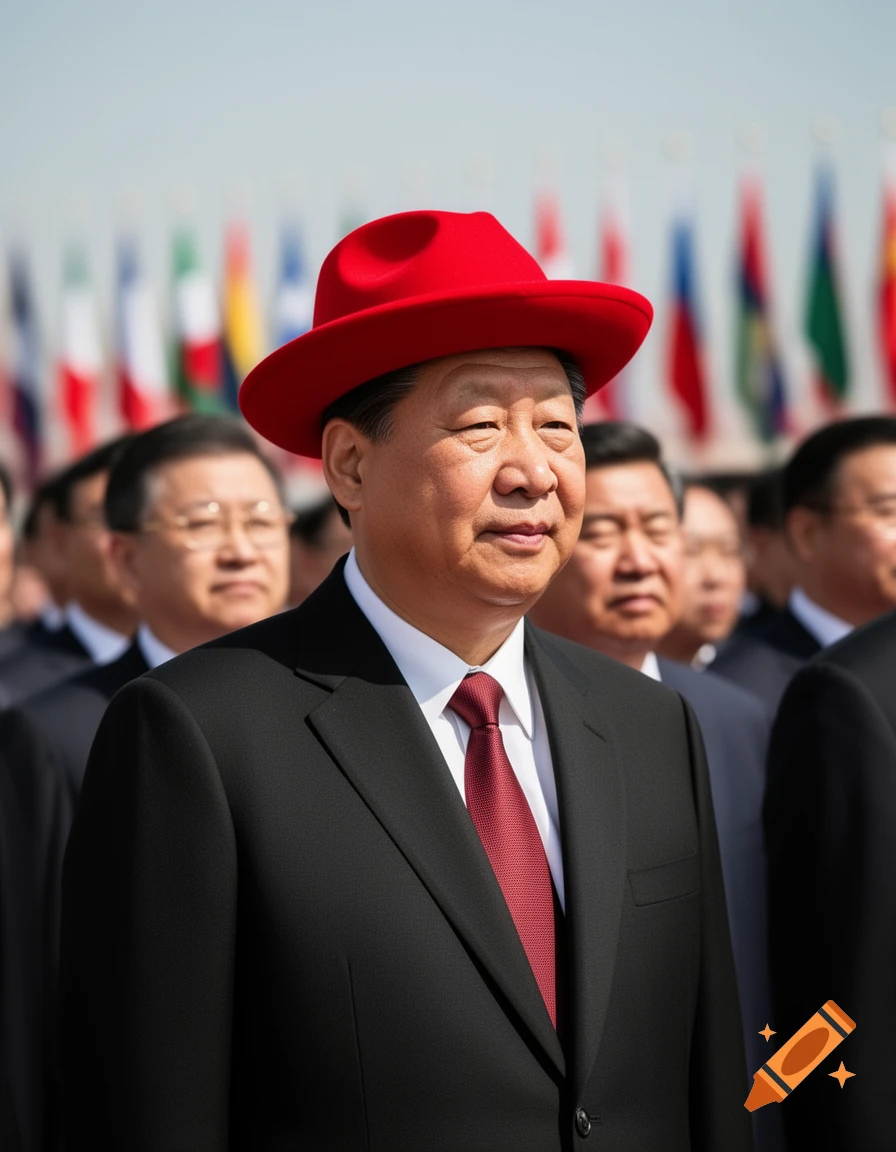 Photorealistic portrait of Xi Jinping in a red fedora and black suit, with blurry international flags in the background.