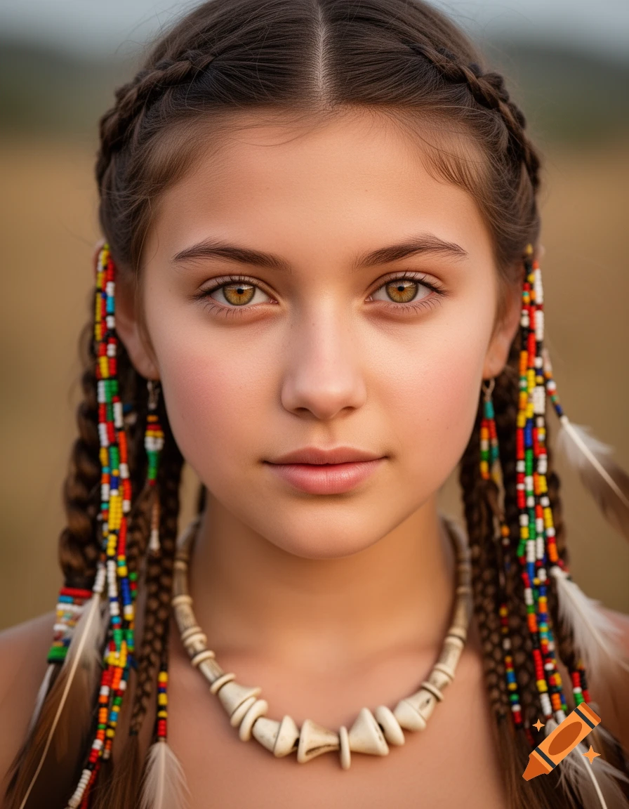 Photorealistic headshot of a young woman with braided hair adorned with colorful beads and feathers, wearing a bone necklace.
