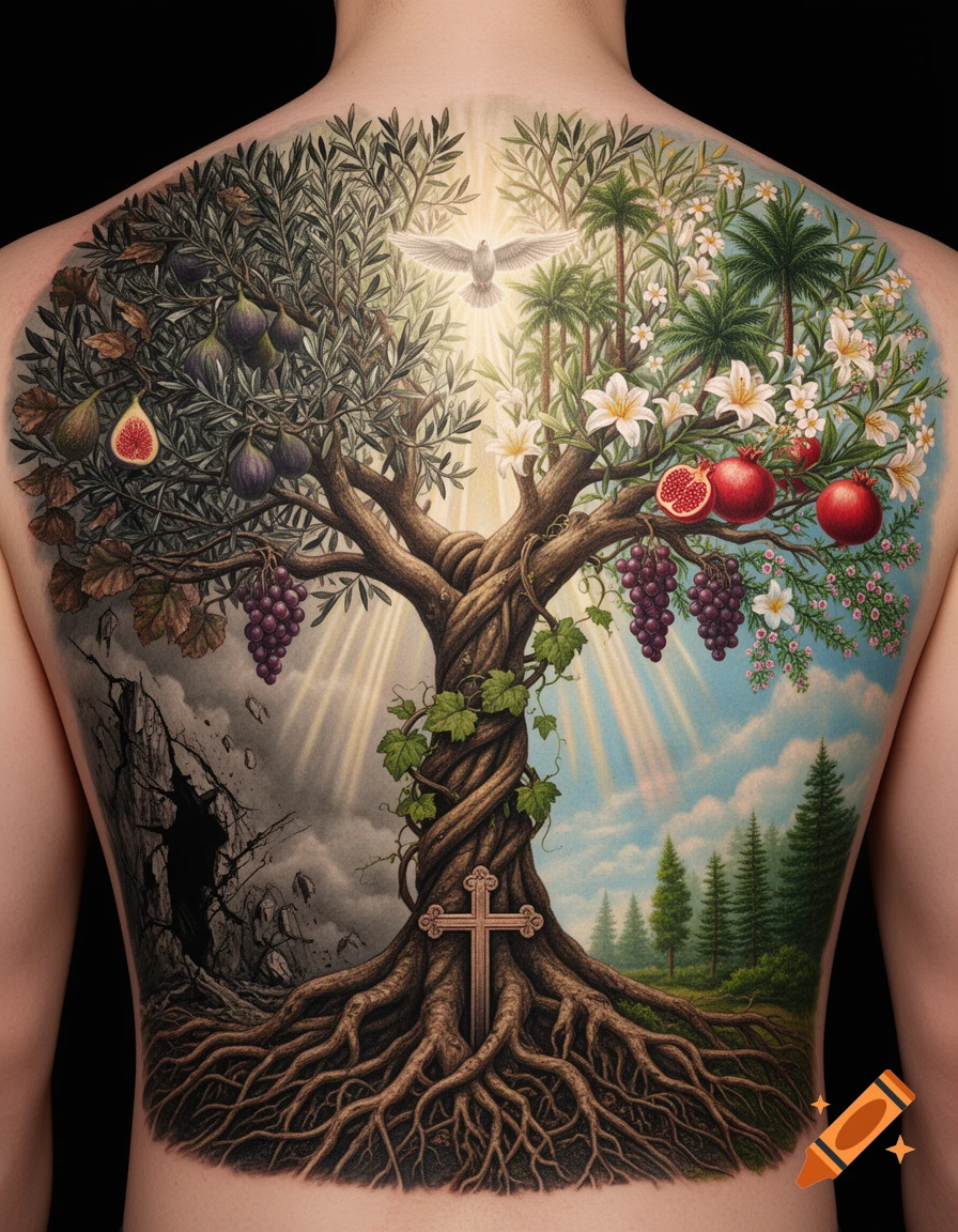 A detailed full-back tattoo of a Christian Tree of Life, split between barren, rocky landscape and lush, vibrant growth with biblical plants, a cross, and a dove.