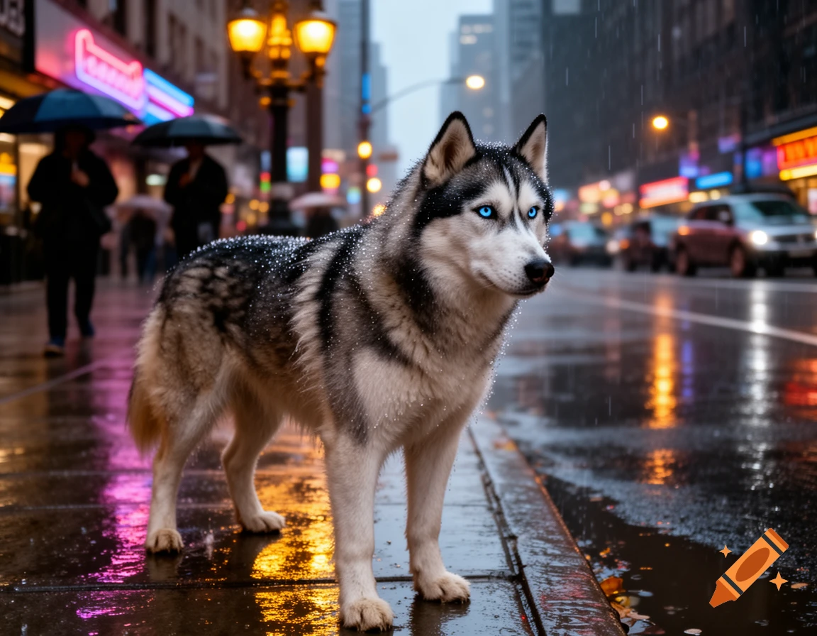 A Siberian Husky with bright blue eyes stands on a wet city street at night, illuminated by neon signs and streetlights during a rain shower.