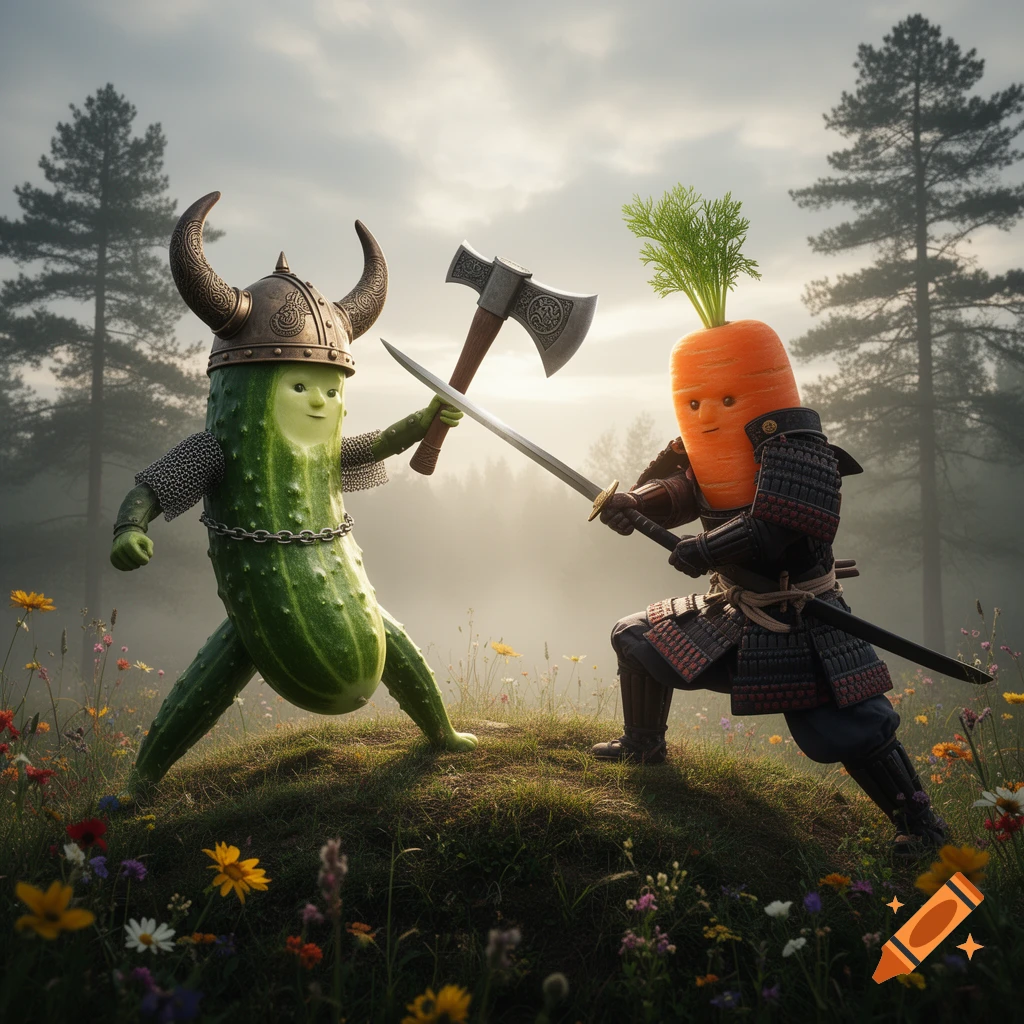 A photorealistic cucumber in Viking armor and a carrot in Samurai armor battle with weapons on a misty, wildflower-covered hill.